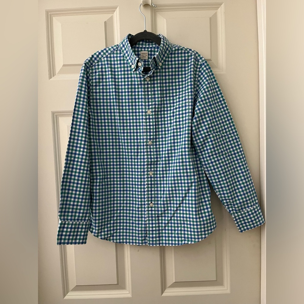 J.Crew Crewcuts boys blue/green/White gingham long sleeve button down shirt 12